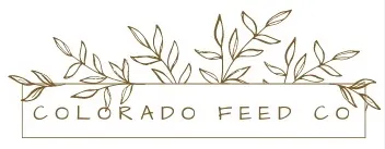 Colorado Feed Company logo with white background and green text, decorative plant graphics