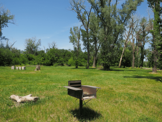 Photo of Big Bear Park in Winnebago, NE. The photo shows an open green space with one fire pit and trees in the background. 