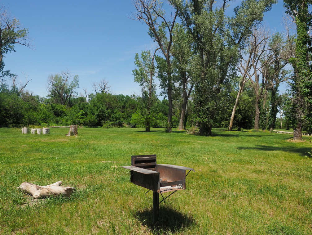 Photo of Big Bear Park in Winnebago, NE. The photo shows an open green space with one fire pit and trees in the background.