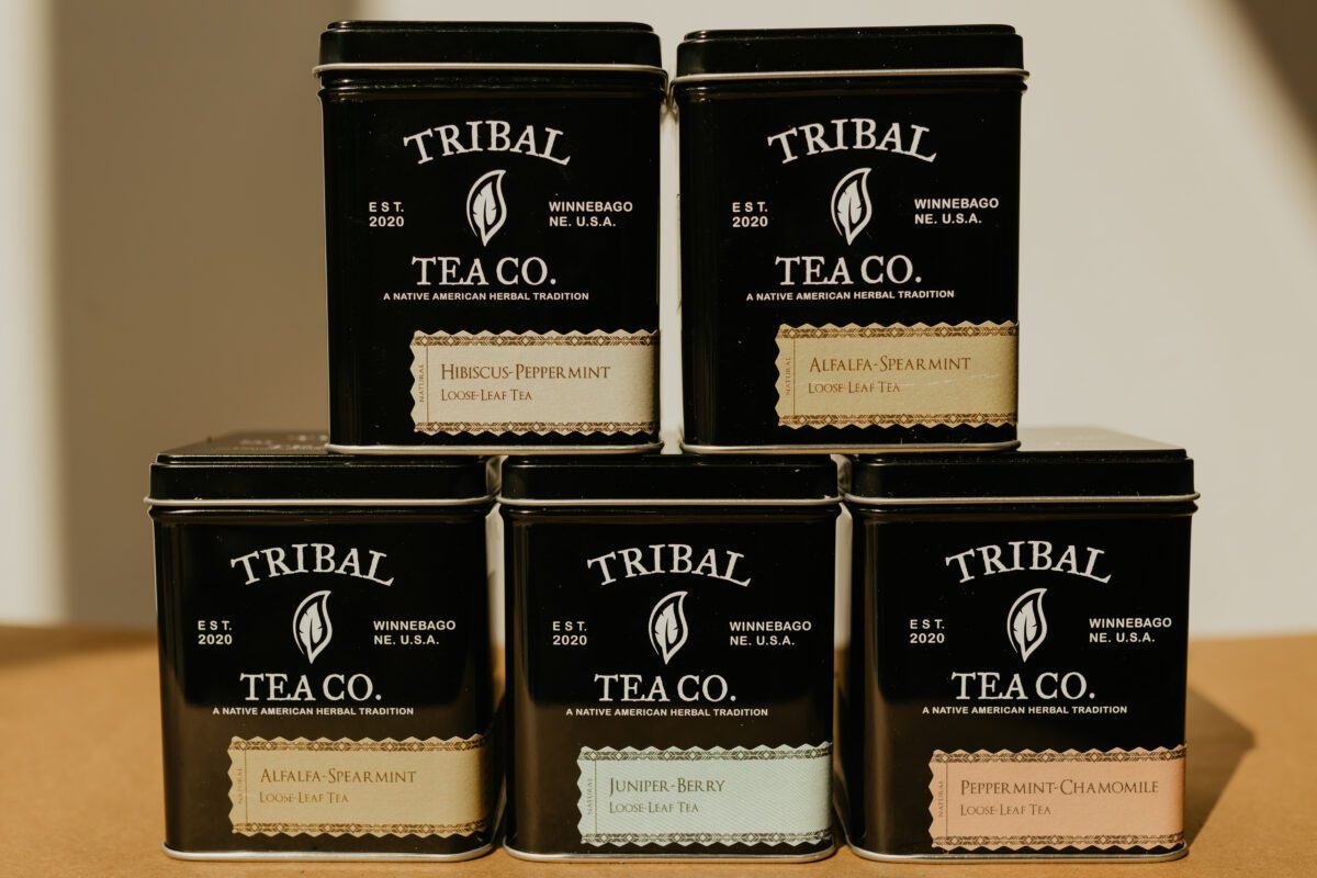 Five flavors of Tribal Tea stacked on top of each other