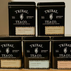 Five flavors of Tribal Tea stacked on top of each other