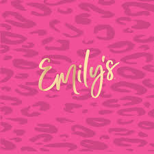 Emily's Chocolates Logo - Emily's in a gold colored script with a background of pink cheetah print