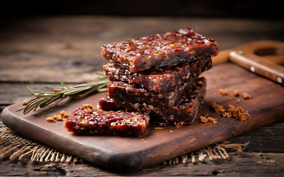 Photo of Pemmican bars stacked on top of a wooden cutting board