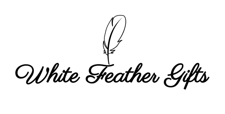 White Feather Gifts Logo with feather design on top of text